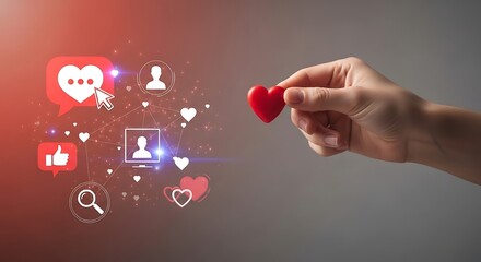 Hand holding a red heart with social media icons floating around.