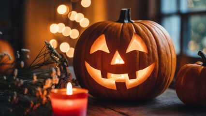 Glowing Happy Jack-O’-Lantern Pumpkin with Candlelight and Autumn Foliage – Cozy Halloween Decoration Background