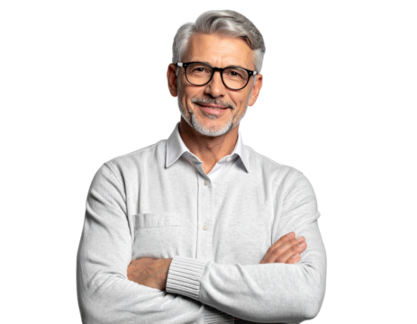 senior man with grey hair and glasses isolated on white or transparent png