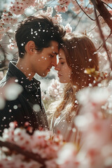 Obraz premium Romantic encounter beneath cascading cherry blossoms evoking timeless affection