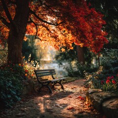 Tranquil autumn park path with a wooden bench under a brilliant red maple tree in golden sunlight