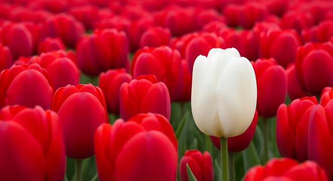 Red tulips field with one white tulip flower spring floral nature