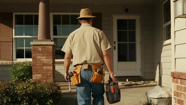 Handyman with tool belt and hat carrying tool bag walking towards a residential home, ready for service, repair, or construction work.