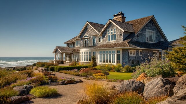 A luxurious house by the beach, with a large backyard and ocean views, perfect for relaxation.
