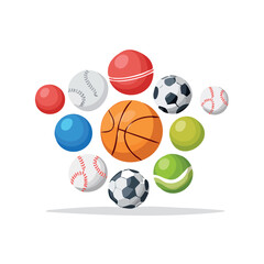 An arrangement of various sports balls including basketball, soccer ball, baseball, tennis ball, and other colorful balls.