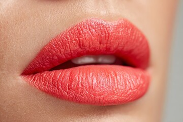 A close-up of a woman's lips with vibrant coral lipstick, showcasing the texture and color of the cosmetic product, emphasizing the natural beauty of the face.