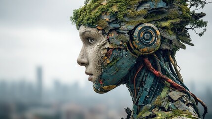 Fototapeta premium Nature-Infused Robot Sculpture in Futuristic City