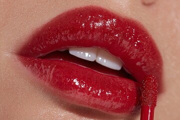 Obraz premium A vibrant close-up of glossy red lips with a makeup applicator, emphasizing the rich color and texture of the cosmetic product for a modern beauty statement.