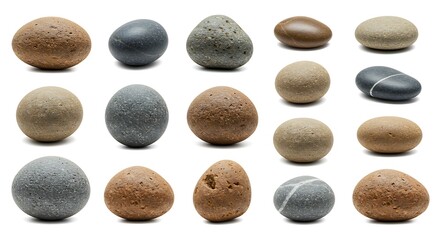 A set of beautiful natural stones in various shapes, sizes, and colors, showcasing texture, detail, and elegance, ultra HD, high resolution, isolated objec