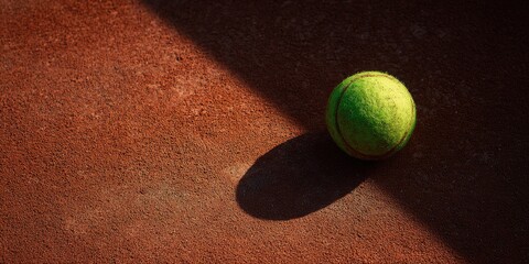 A tennis ball rests on a reddish-brown clay court, illuminated by a diagonal sunbeam