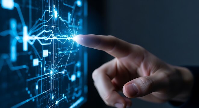 Interactive data analysis with fingertip touch on digital display glows with technology innovation and insight