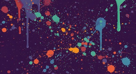 Colorful Paint Splatters and Drips on Dark Background