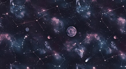 Cosmic Constellations and Planets in Deep Space Nebula Background