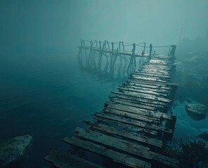 Obraz premium A weathered wooden pier extends into a misty lake. Fog shrouds the scene, lending a mysterious ambiance. Decayed planks and supports suggest abandonment