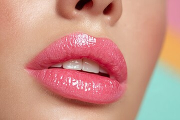 Fototapeta premium Close-up of a woman's face with glossy pink lips, showcasing her perfect white teeth and smooth skin against a vibrant, colorful background, enhancing her natural beauty.