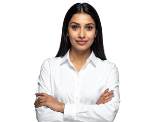 young indian woman in white shirt arms crossed isolated on white or transparent png 