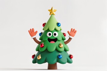 a Happy Christmas tree with face and arms, cute mascot style, white background