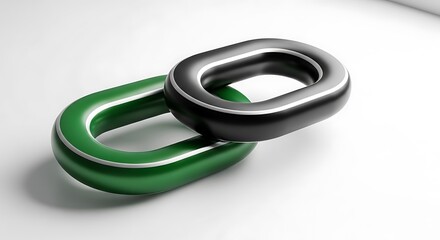 Fototapeta premium Two interconnected oval links, vibrant green and deep black, sit in a clean, modern design against a plain white background, displaying a strong visual connection.