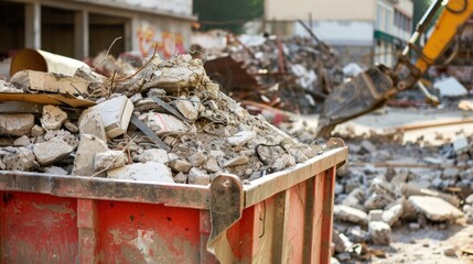 Construction site with a red dumpster filled with debris. Broken concrete and rubble are visible. A yellow excavator is in the background, working on the site.