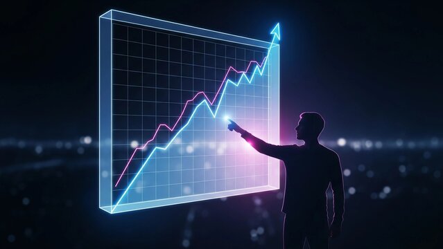 A silhouette of a person pointing to a glowing, upward-trending stock market graph, representing business growth, financial success, and futuristic data analysis. - Powered by Adobe