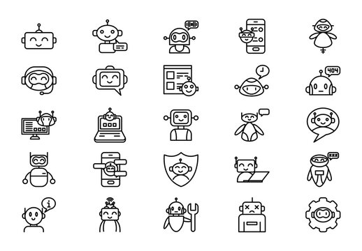 Black Chatbot Robot Messenger Artificial Intelligence Line Icons Set