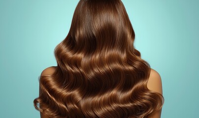 Woman's beautiful, healthy brown wavy hair against a teal background