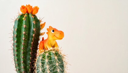 Orange dinosaur toy nestled amongst green cacti
