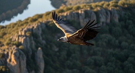 Obraz premium Majestic Griffon Vulture Soaring Above Rocky Terrain.