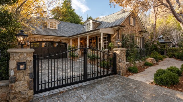 Stone house with closed black iron gates