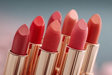 Obraz premium A vibrant collection of lipsticks in varying shades of red, coral and pink, displayed in shiny gold tubes, creating an eye-catching cosmetic arrangement.