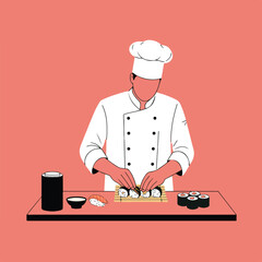 Chef prepares sushi rolls in a minimalist flat illustration style against salmon pink