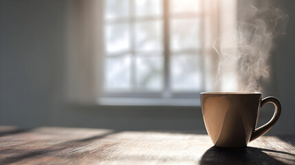 Morning Serenity Steaming Coffee Cup on Rustic Wooden Table Sunlit Window Aromatic Beverage Relaxation Cozy Ambiance Warmth and Comfort Simple Pleasures Still Life Photography