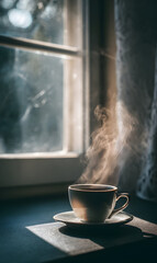 Aromatic coffee steams in cozy morning light by window creating a serene atmosphere with gentle wisps evoking relaxation and warmth inside creating a peaceful moment sipping