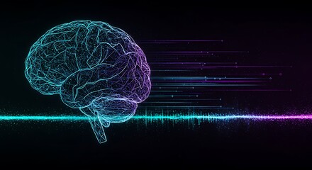 Abstract digital brain with futuristic technology and data streams neon glow.