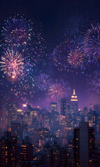 Spectacular city skyline illuminated by bursting fireworks creating a mesmerizing display above modern architecture symbolizing celebrations and festive nights with urban