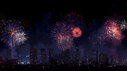 Spectacular fireworks illuminate urban skyline for holiday celebration creating festive nightscape above modern city buildings with sparkling explosions against dark skies for