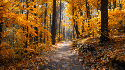 Obraz premium Golden sunlight through vivid autumn trees creating a path in a scenic landscape inspiring adventure and exploration surrounded by vibrant leaves a natural trail perfect for