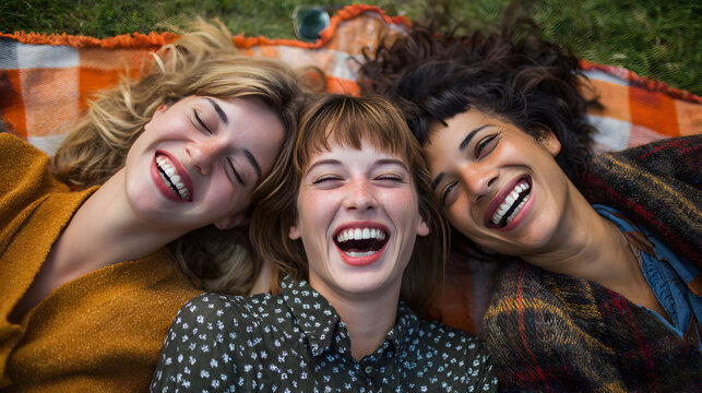 Diverse group of friends enjoying laughter and companionship outdoors on a plaid blanket sharing joyful moments and celebrating life's precious connections together