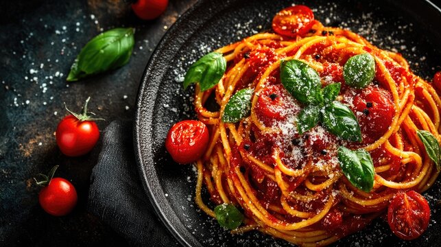 Spaghetti with tomato sauce and basil