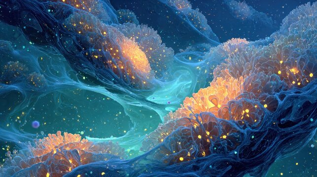 Microscopic view inside a cell with mitochondria recharging at night, emitting soft glow