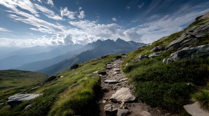 Majestic Alps panorama rocky hiking trail lush green slopes under sunny skies Mountain vista landscape scenery for outdoor adventure travel Trekking path with distant mountain