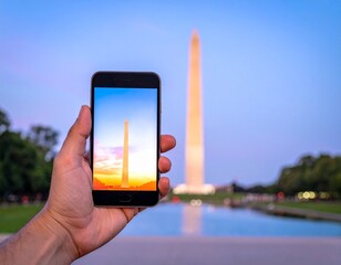 A hand holding a smartphone with the skylines and famous monuments of different countries in the background, captured in natural light with professional photography quality.