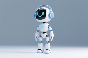 Fototapeta premium Adorable 3D Rendered White Robot with Blue Headphones Smiling Happily on White Background, Cute Futuristic AI Character Illustration for Tech and Innovation Graphics