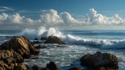Coastal Splendor Waves Crashing Against Rocky Shoreline Under a Majestic Cloudy Sky Captivating Seascape Beauty Ocean Power Nature Scenery Serene Maritime Paradise Travel