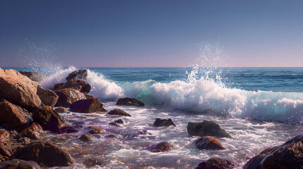Ocean Wave Crashing Rocky Shoreline Coastal Scenery with Splashing Waters and Blue Skies Serene Beach Landscape Picturesque Coastline Beauty Nature Views Inspiring Sea Scape