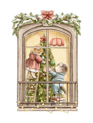 Vintage cartoon cute composition with several animals kittens in clothes characters decorate Christmas tree, viewed outside window isolated on white background. Watercolor hand drawn illustration