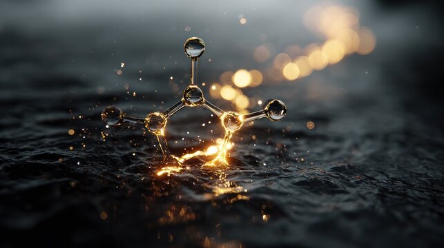 A single, complex, luminescent molecule emerges from a dark, primitive aqueous solution, symbolizing the spark of life.