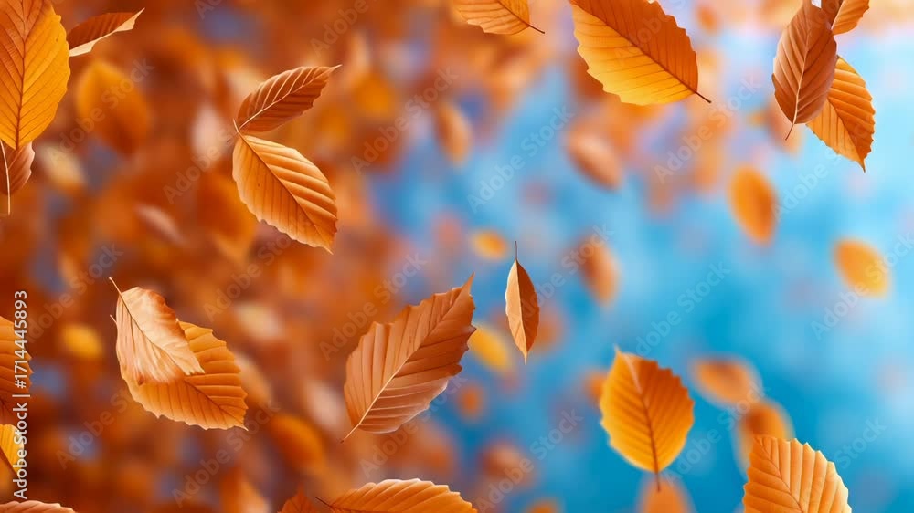 Aufkleber orange autumn leaves falling in dynamic motion with blurred blue background. soft focus macro shot c
