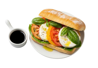 Meticulously composed Caprese sandwich with fresh mozzarella, vibrant heirloom tomatoes, basil, olive oil on ciabatta, with balsamic glaze on white plate, transparent background, gourmet food