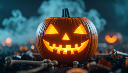 Obraz premium Dramatic glowing jack-o-lantern surrounded by scattered bones, eerie mist. Happy Halloween